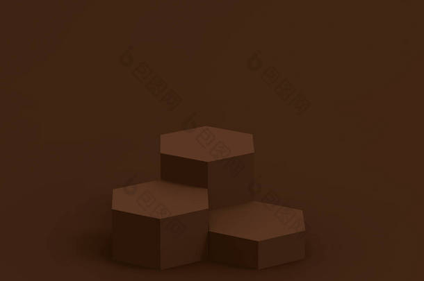 3D褐色深色六边形讲台最小工作室背景。摘要三维几何形体图解绘制.展示化妆品、美容和时尚产品.食物及饮品概念. 