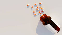 带有空白标签的打开药瓶的药物胶囊.有复印空间的药瓶。顶部视图。3D渲染说明. 