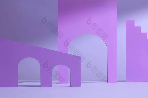 化妆品广告的摘要背景.空白讲台上展示的是淡紫色.最低限度的基座或展示现场为当前的产品和模拟与拱门和柱子.
