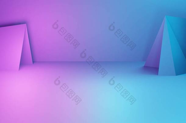 紫色和蓝色<strong>抽象几何背景</strong>的3D渲染。网络朋克的概念。广告、科技、展示、横幅、化妆品、时尚、商业等领域的舞台.Sci-Fi Illustration 。产品展示