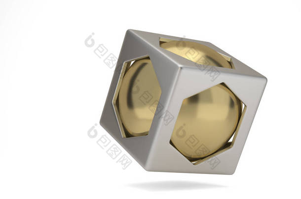 摘要背景:金色立方体和球体在白色背景上隔离.3D渲染。3D插图.