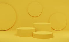 3D渲染。黄色圆筒讲台最小工作室背景.空空间几何形状抽象平台.