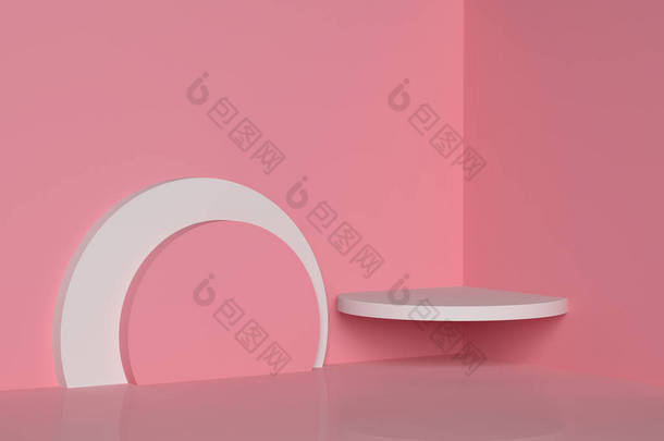 3D渲染讲台，粉色背景，白色和粉色圆形化妆品