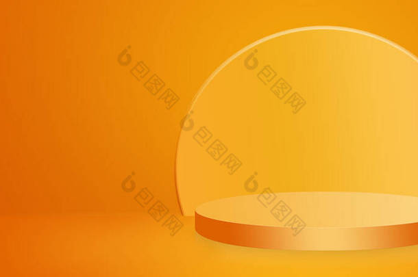 橙色底座讲台上的橙色背景。<strong>万圣节</strong>背景。您的产品展示的现代设计。复制空间为text.Banner.3D渲染