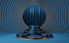 4空的蓝色和黑色圆柱形讲台，铜边沿金圆拱门和帷幕背景。摘要最小工作室3D几何形状对象.用于展示的足部模拟空间。3D渲染.