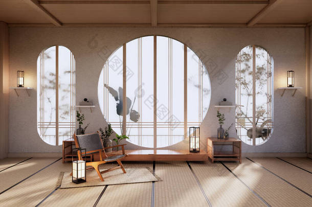 橱柜造型，最小客厅，折叠床地板和扶手椅设计。 3D渲染
