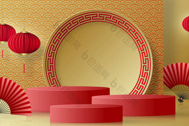 五彩缤纷的圆形舞台- -中国农历新年或<strong>中秋节</strong>的中式风格- -红木瓜剪彩<strong>背景</strong>艺术与工艺- -带有亚洲元素.