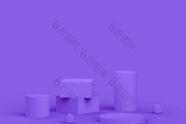 摘要3D紫色平台最小工作室背景.3D几何<strong>形状</strong>物体图解绘制。化妆品及美容美发产品展示.