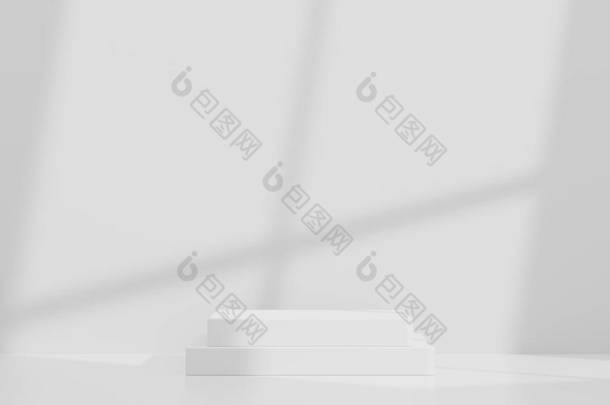 3D抽象背景的白色讲台，用于产品展示和品牌广告的阴影窗口和屋顶。真空如也.