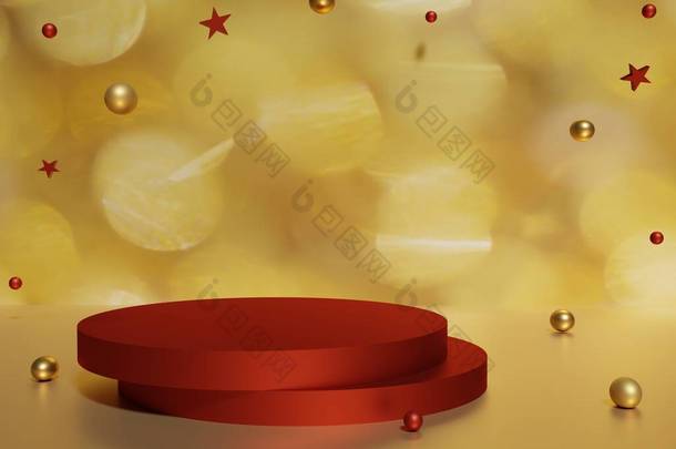 3D渲染红色讲台，<strong>金色</strong>背景下的<strong>金色</strong>圣诞球和星星