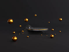 豪华大理石几何讲台圈：岩石形状的金色和黑色闪亮的色彩，精致的图案背景，造型产品的化妆品展示，营销目前的舞台广告，3D渲染