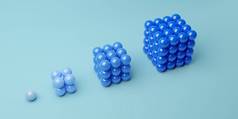 青色背景下成长立方体形成中的蓝色球体，抽象极小生长概念，3D图解