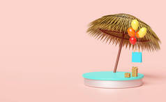 带棕榈叶、雨伞、购物纸袋、气球、礼品盒的圆筒舞台讲台，与粉色背景隔离。夏季购物销售、夏季旅游概念、 3D插图或3D渲染