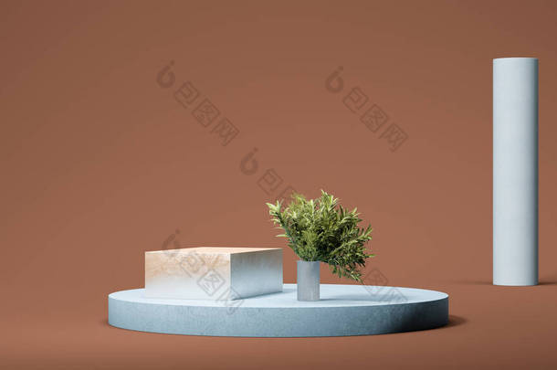 浅蓝色圆形讲台展示与矩形明亮的展示在棕色背景与小棕榈树。自然展示。最小的设计。3d渲染.