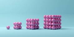 青色背景下成长立方体形成中的粉色球体，抽象极小生长概念，3D说明