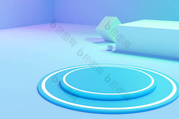 建模平台，三维渲染，几何形状的未来主义抽象。圆形在<strong>淡</strong>蓝色房间水背景液体中