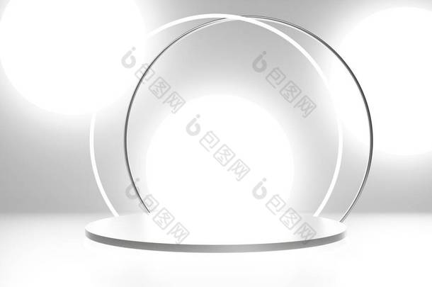 银质讲台的3D渲染，白色背景，白色霓虹灯拱形环和光圈