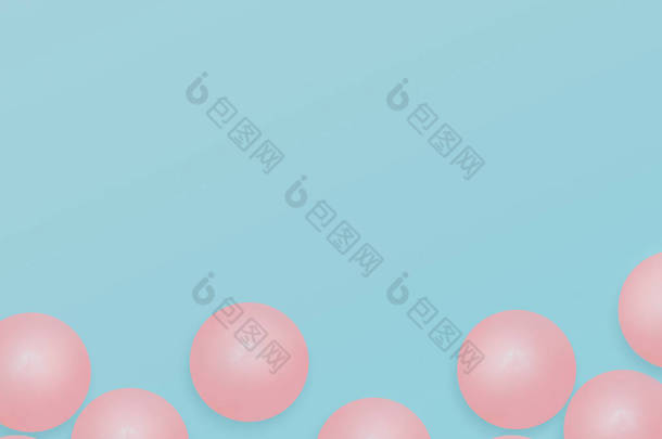 空气气球。顶部视图插图与复制空间.浅蓝色背景的小粉色球