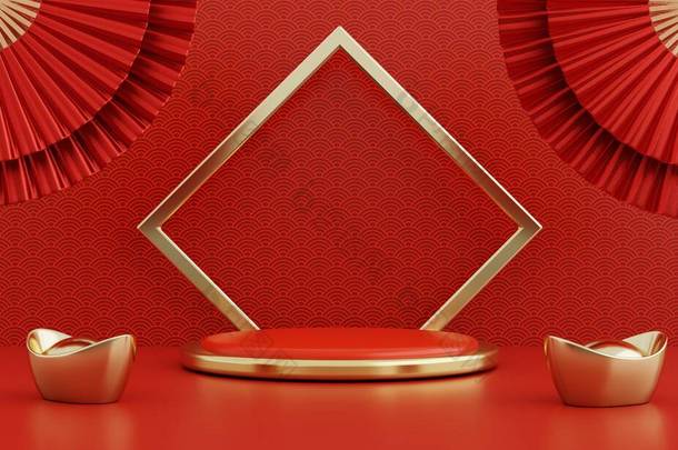 中国新年红色现代风格的一个领奖台产品展示台，配有金戒指框架和中国图案<strong>背景</strong>。<strong>节日快乐</strong>是传统<strong>节日</strong>的理念.3D图解渲染图形设计