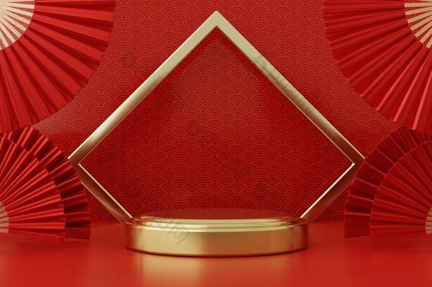 中国新年红色现代风格的一个领奖台产品展示与金戒指框日本风格的背景。节日快乐是传统节日的理念.3D插图渲染