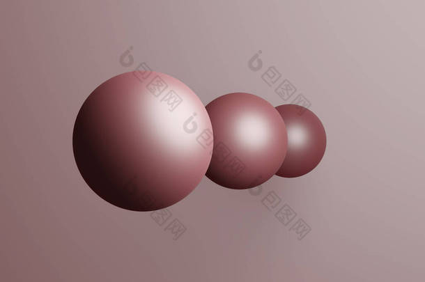 粉色背景上的暗粉色球。3D渲染。三只球一个接一个在粉红色的空间里.
