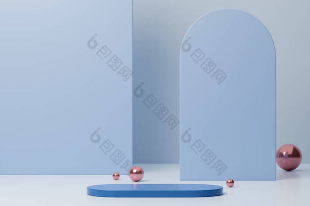 最小蓝色基座，用于背景为蓝色几何形状的产品演示。舞台上的场景，横幅广告。3D渲染，3D说明