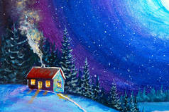 Christmas new year fairy painting, christmas tree and snowman in winter night magic forest oil paint