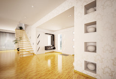 现代室内装饰的大厅与楼梯 3d 渲染