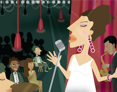 一个女人在一家夜总会与观众唱歌