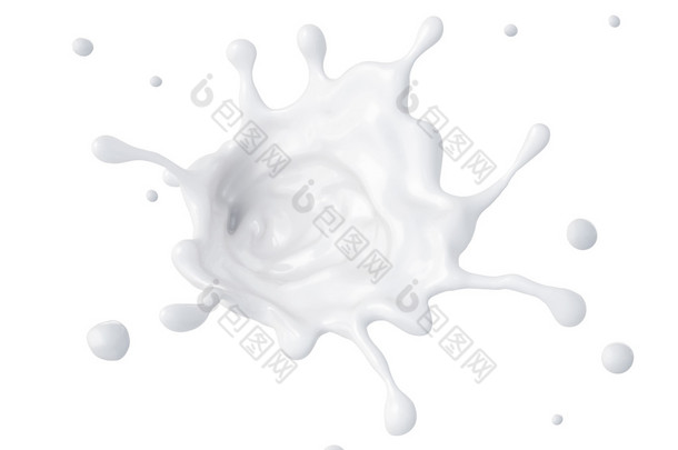 3d 抽象液态奶飞溅、 油漆或胶水溅孤立