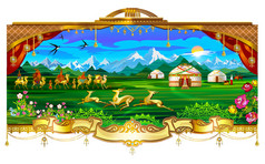 村庄，村庄，蒙古包、 马、 天空、 山脉、 草原、 字段，人住在蒙古包