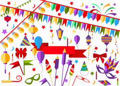 Set elements holiday decorations garland, flags, balloons, bows, flashlights, ribbons, masks