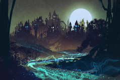 美丽的风景与神秘河，满月在城堡