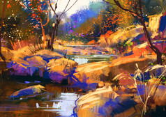 美丽秋天河线与彩色的石头，在秋天的树林