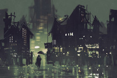 人用伞在晚上走在黑暗之城