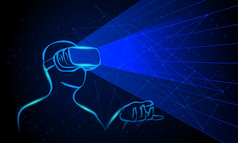 男人穿着虚拟现实的护目镜。在黑色背景上的蓝色霓虹灯高科技图.