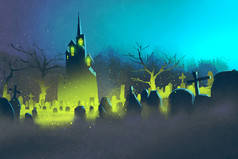 幽灵般的城堡，万圣节概念，夜间公墓
