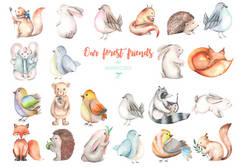 集合，设置的水彩可爱的森林动物插图