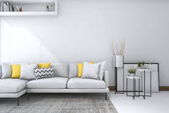 与美丽的装饰的白色客厅里的 3d 呈现黄色沙发。