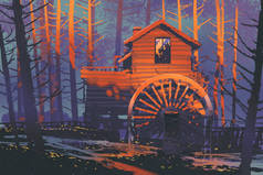 在日落时森林水车座木头房子里