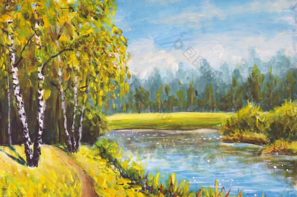 原创油画夏日风景，阳光自然在画布上。美丽的远森林，农村景观。现代印象派艺术.