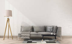 3d 渲染复古布艺沙发用布接近白色的砖墙和灯