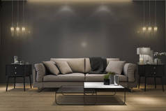 3d 渲染奢华复古沙发中最小黑色客厅的灯