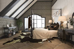 3d 渲染复古现代卧室套房在酒店和度假村