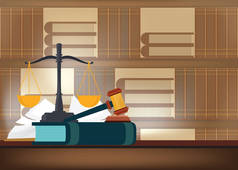 法律书与法官的木槌在桌和书架子在 ba