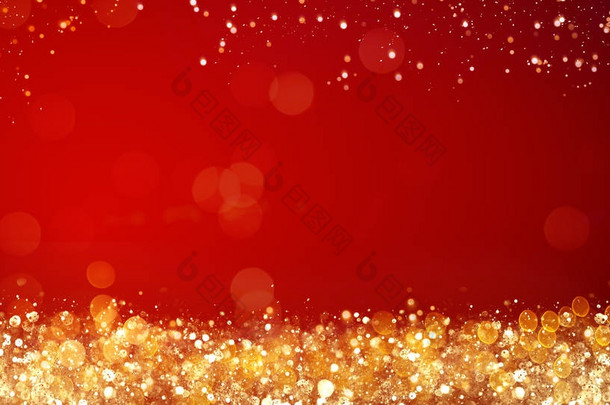 金黄和银色圣诞节灯在红色背景为快活的圣诞节或季节问候消息, 明亮的装饰。典雅假日季社会岗位数字卡。文本或徽标的复制类型空间