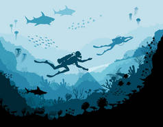 潜水探险家和礁水下野生动物