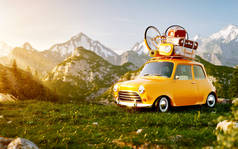 可爱的小复古车与手提箱和自行车顶部在山上的草地上的夏天天.