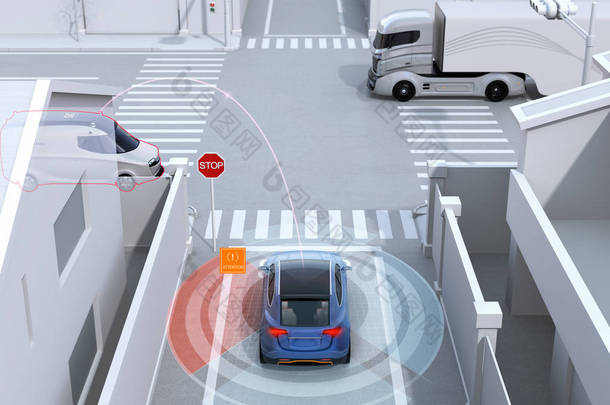 后视图的蓝色 Suv 在单行道检测到车辆在盲点。连接的汽车概念。3d 渲染图像.