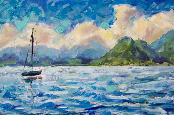 画海景景观船, 游艇, 帆船在蓝绿松石水湖<strong>的</strong>海洋河<strong>的</strong>背景下, 美丽<strong>的</strong>绿色山脉。温暖<strong>蓬松的云彩</strong>和蓝天。油画和调色板针织 impasto 帆布艺术品